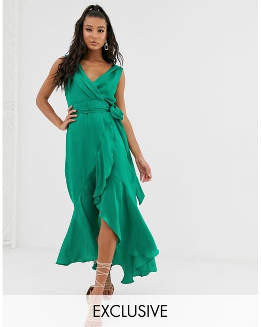 Flounce London Green Wrap Front Satin Midaxi Dress