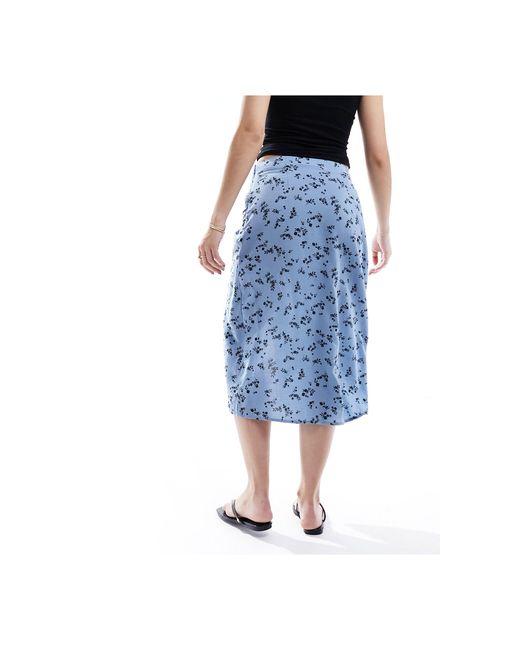 Pieces Blue Ruched Side Midi Skirt With Slit