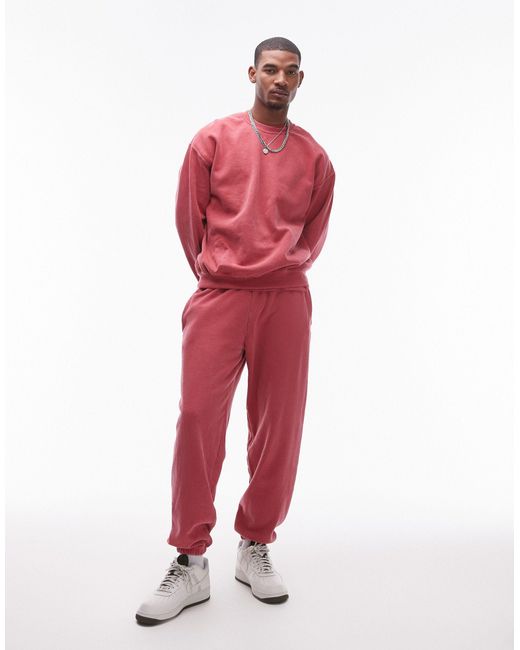 Topman Red Vintage Wash Oversized Trackies for men