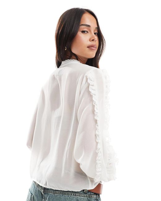 ASOS White Lace Ruffle Insert Sheer Long Sleeve Top