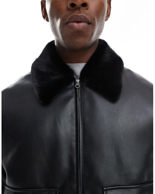 Bomber en similicuir avec col en fausse fourrure ASOS pour homme en coloris Black