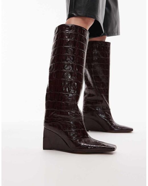 ASOS Black Clarissa Premium Leather Wedge Pull On Boots With Chisel Toe