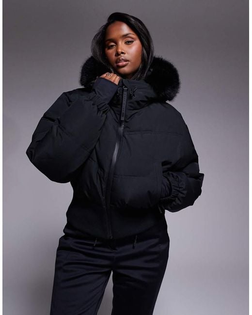 ASOS 4505 Ski & Snow Blue Asos 4505 Ski Cropped Insulated Ski Bomber Jacket With Faux Fur Hood