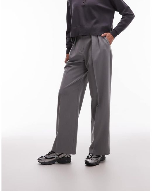 ASOS Gray Tailored Wide Leg Trousers With Pleat Detail