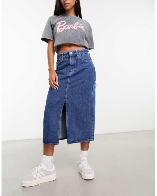 ONLY Blue Denim Midi Skirt With Front Split