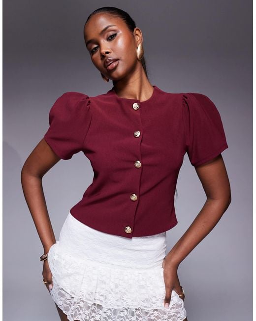 ASOS Red Ribbed Puff Sleeve Structu Button Through Top
