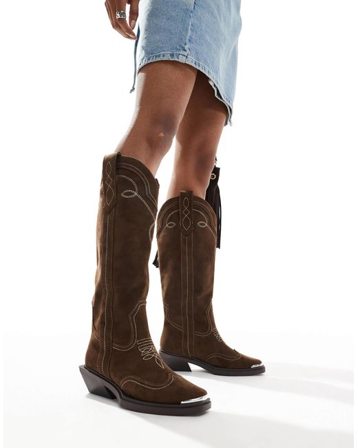 ASOS Brown Wide Fit Celeste Flat Western Knee Boots