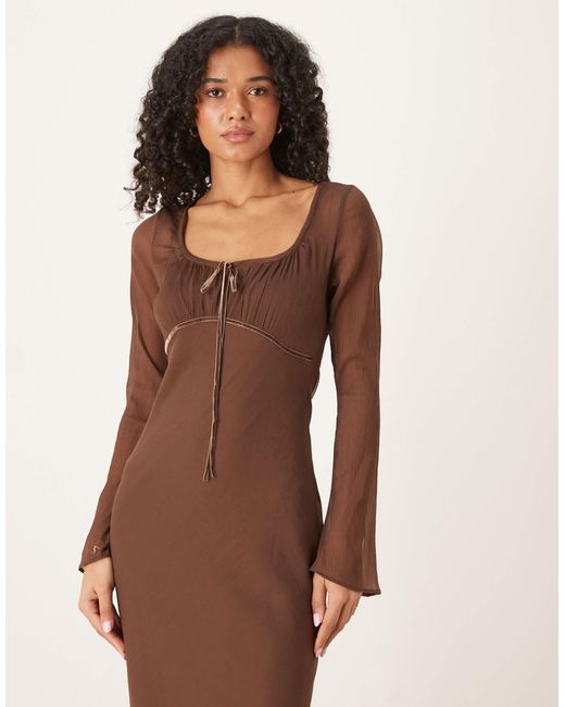 ASOS Brown Ruched Bust Scoop Long Sleeve Maxi Dress