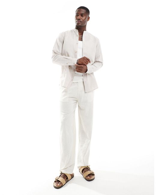 Jack & Jones White Premium Linen Grandad Collar Shirt for men