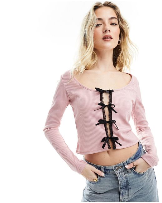 Miss Selfridge Pink Long Sleeve Top With Lace And Bows
