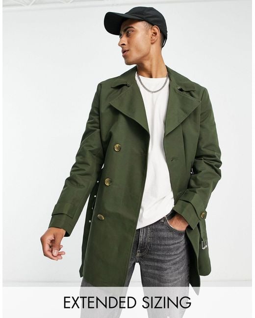 ASOS Green Shower Resistant Double Breasted Trench Coat for men