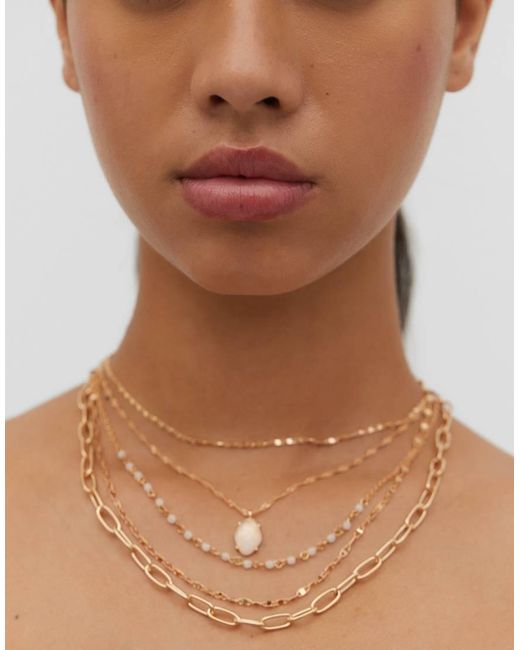 Stradivarius Brown Pack Of 5 Pink Stone Charm Necklaces