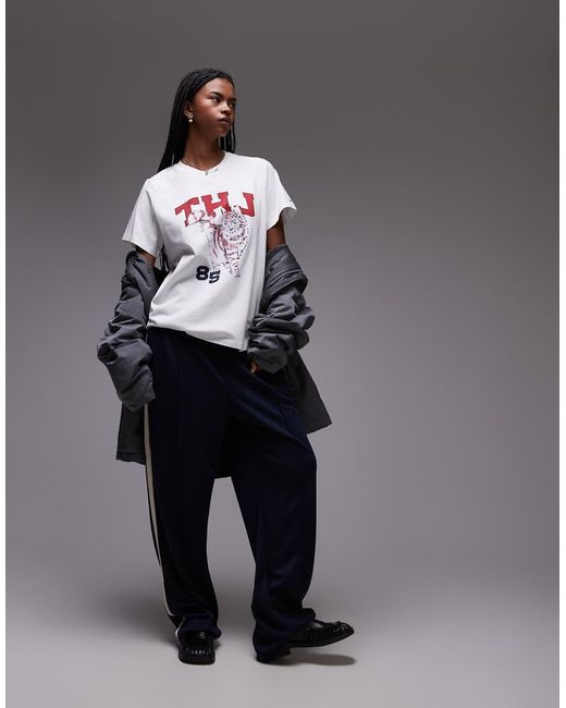T-Shirt Bianca Oversize Con Grafica Con Gatto di Tommy Hilfiger in Gray