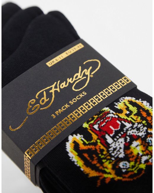 Tinta - confezione da 3 paia di calzini neri con stampa stile tatuaggio di Ed Hardy in Black da Uomo