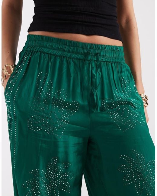 River Island Green Heat Seal Diamante Wide Leg Pants
