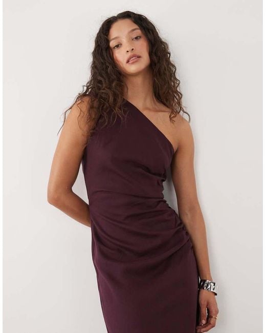 Mango Purple Linen Mix One Shoulder Draped Midi Dress
