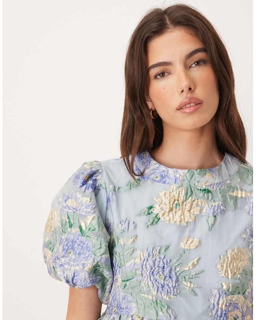Sister Jane Blue Dream Honey Exclusive Jacquard Puff Sleeve Mini Dress