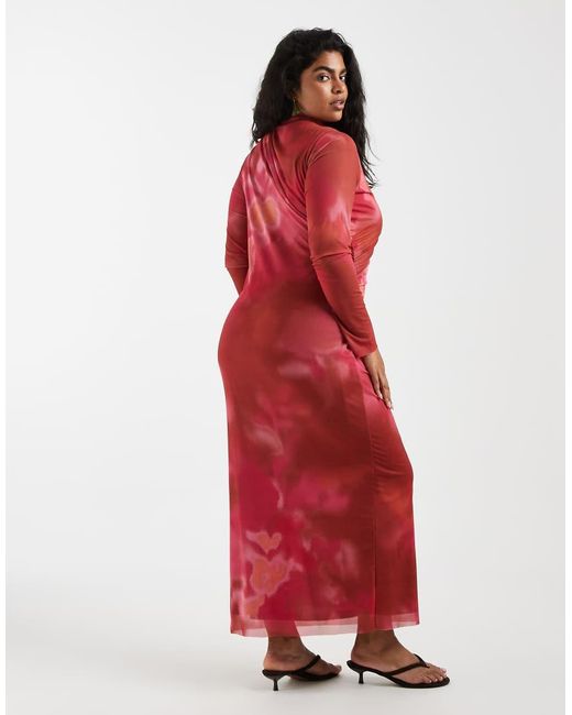 Vero Moda Red Long Sleeve Drapey Mesh Maxi Dress
