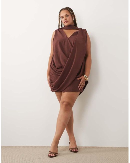 ASOS Brown Asos Design Curve Drape Wrap Front Mini Dress With Scarf Detail
