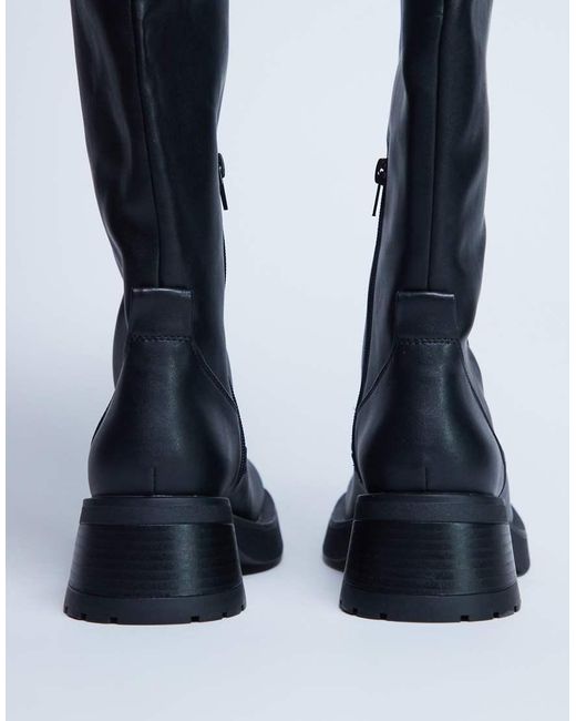 TOPSHOP Black Rachel Knee High Chunky Heeled Boot