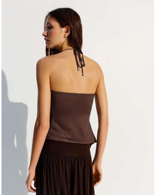 Bershka Brown Halter Neck Print Top