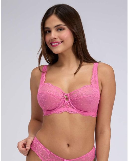 Boux Avenue Pink Poppy Sheer Lace Balconette Bra Floral Unpadded Lingerie