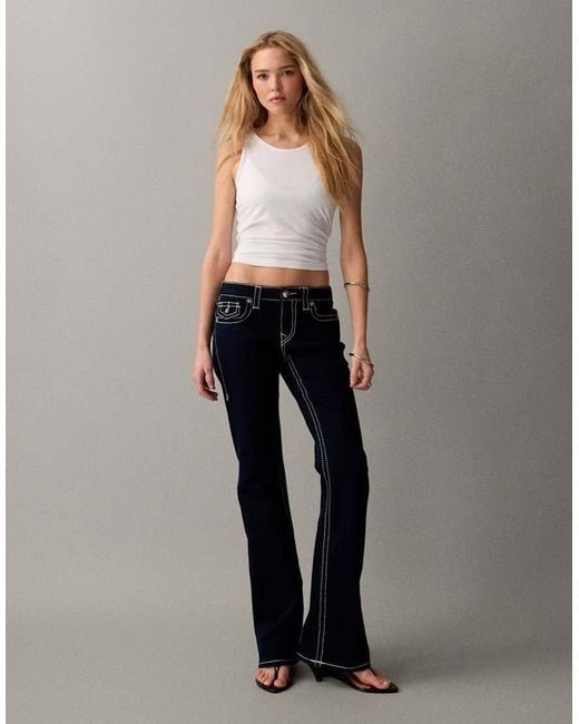 True Religion Blue Becca Double Stitch Mid Rise Flare Jeans With Flap Pocket