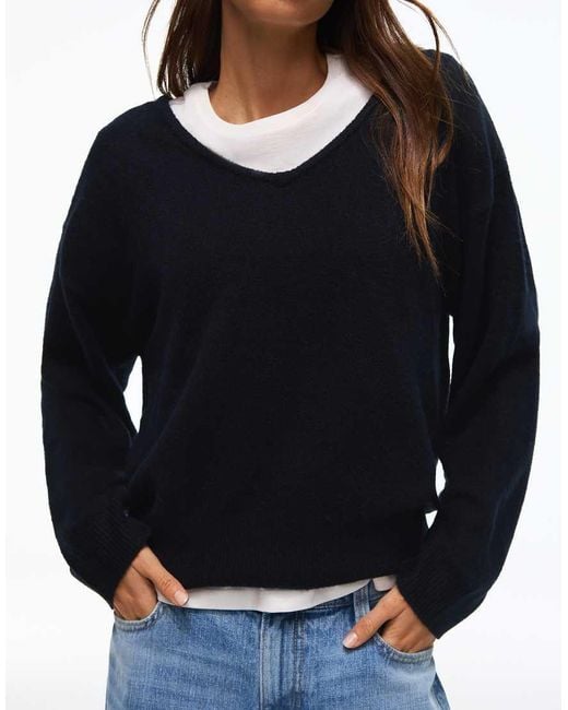Bershka Blue Oversize V-Neck Jumper
