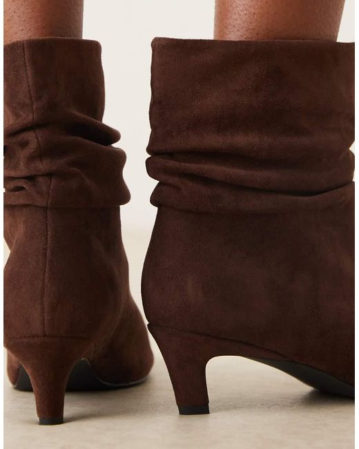 Glamorous Brown Kitten Heel Ruched Mid Ankle Boots