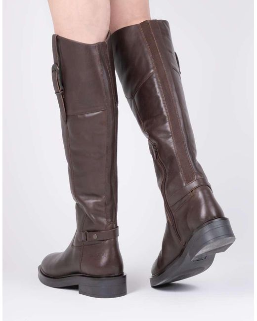 OFF THE HOOK Brown Carnaby Leather Knee-High Riding Boots With Buckle Strap And Side Zip