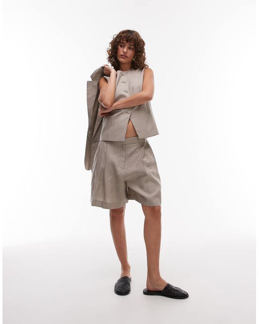 Mango Brown Cotton Pinstripe High Neck Waistcoat Co-ord