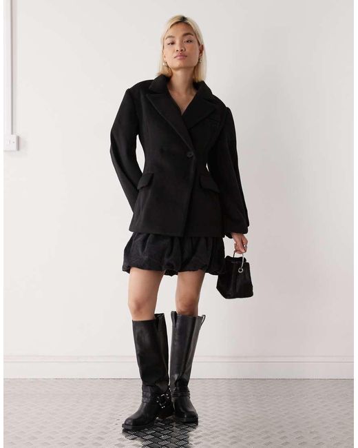 Lioness Black Heart Shaped Wool Touch Double Breasted Cinched Waist Barrel Sleeve Coat
