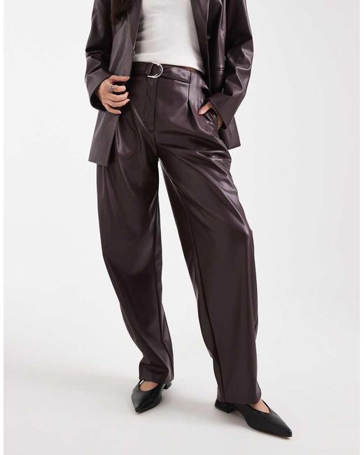 ASOS Purple Faux Leather Pleated Barrel Leg Trousers With Belt