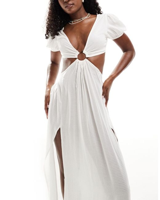 ASOS White Puff Sleeve Cut Out Maxi Beach Dress With Ring Detail