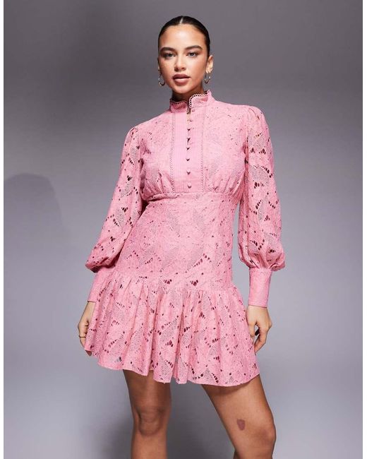 Bardot Pink Lace High Neck Blouson Button-detail Peplum Hem Mini Dress
