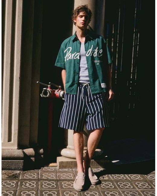 Bershka Black Striped Towel Effect Bermuda Shorts for men