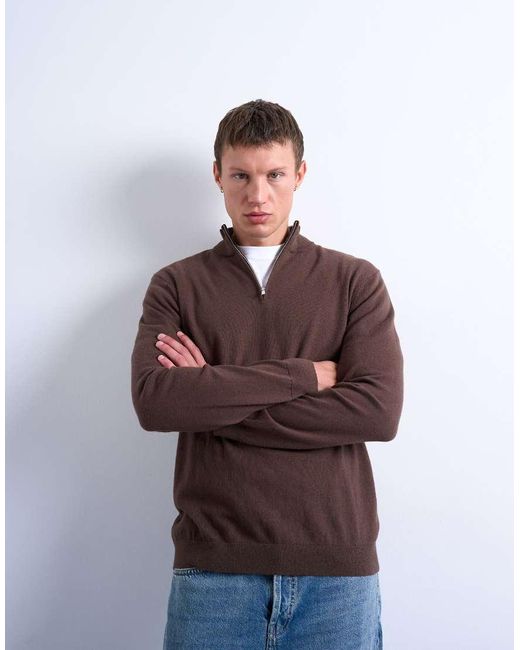 Topman Brown Essential Knitted 1/4 Zip Funnel for men