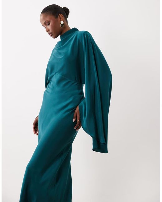 ASOS Blue Funnel Neck Satin Maxi Dress With exaggerated Sleeves