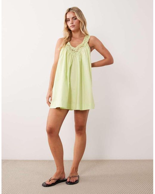 ASOS Green Asos Design Petite V Neck Smock Poplin Mini Dress With Lace Overlay