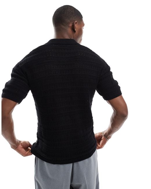 Only & Sons Black Drop Shoulder Open Knit Split Neck Polo for men