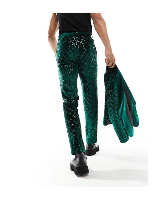 ASOS Green Skinny Diamond Sequin Suit Pants for men