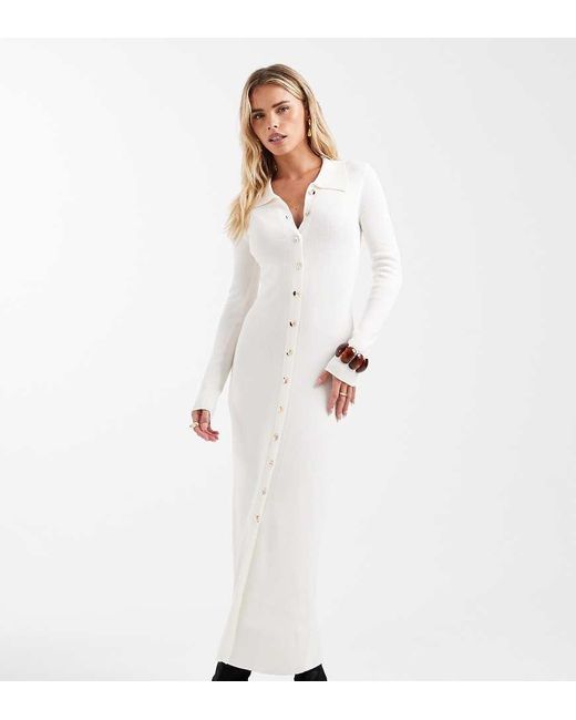 4th + Reckless Petite Fine Ribbed Knit Button Through Collar Detail Maxi  Dress in White | Lyst UK