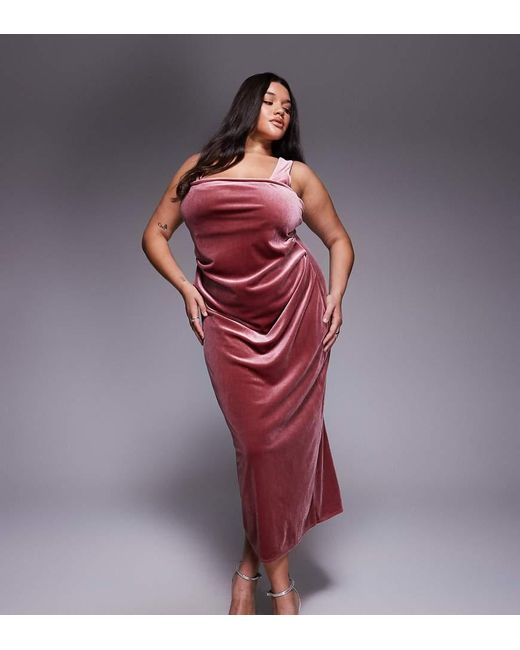ASOS Red Asos Design Curve Velvet Curved Neckline Midi Dress With Slit