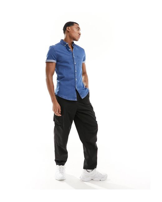 ASOS Blue Slim Roll Sleeve Denim Shirt With Button Down Collar for men