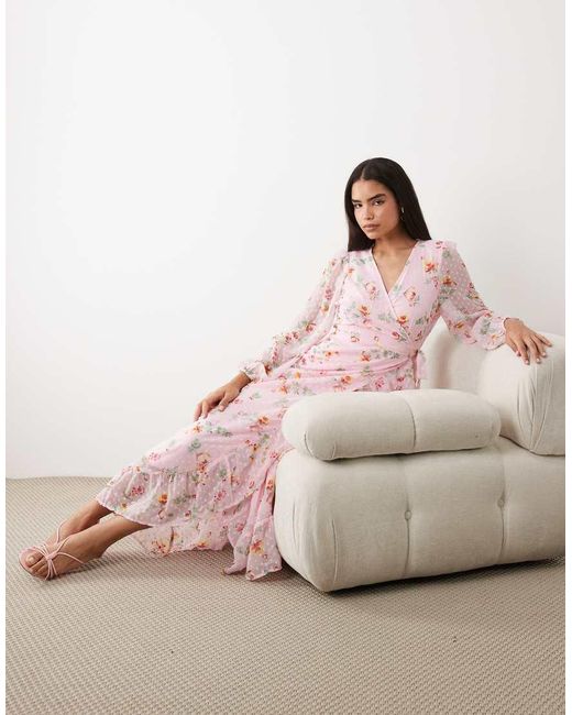 Vila Pink Textured Wrap Maxi Dress With Frill Detailing