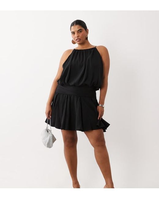 ASOS Black Asos Design Curve Satin High Neck Drop Waist Flippy Mini Dress