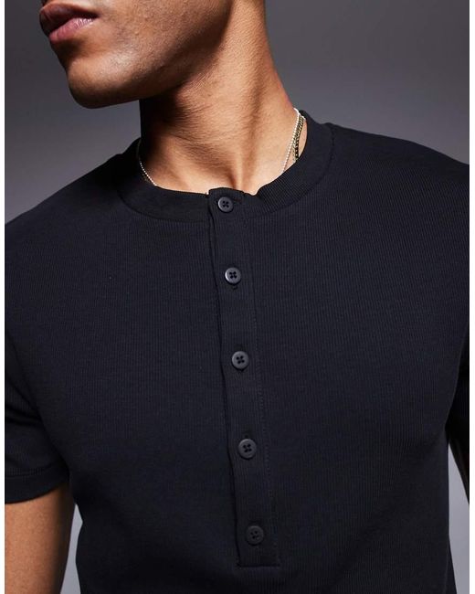 ASOS Blue Muscle Fit T-Shirt With Henley Neck for men