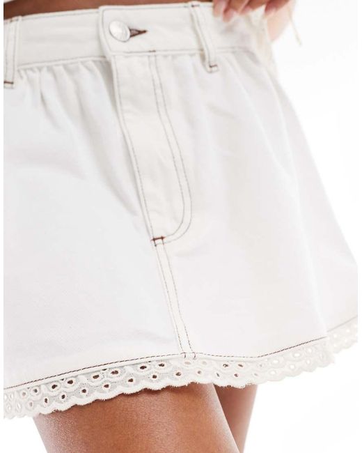 ASOS White Gathered Denim Micro Skirt With Broderie Trim