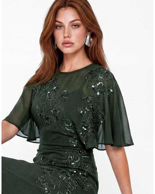 Maya Green Floral Embellished Angel Sleeve Maxi Dress