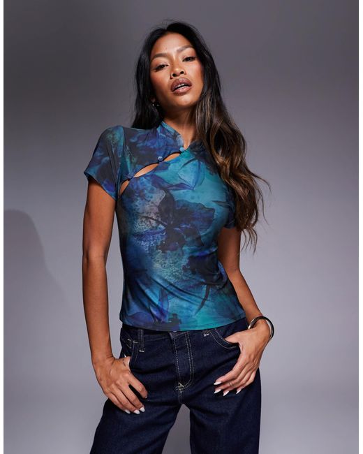 Top ajusté à manches courtes avec boutons à passant et imprimé fleuri - bleu ASOS en coloris Blue